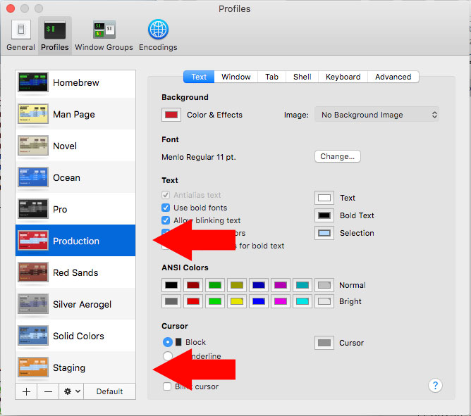 Shows the Terminal profile editor with a list of profile names. Arrows point towards the ones named Production and Staging